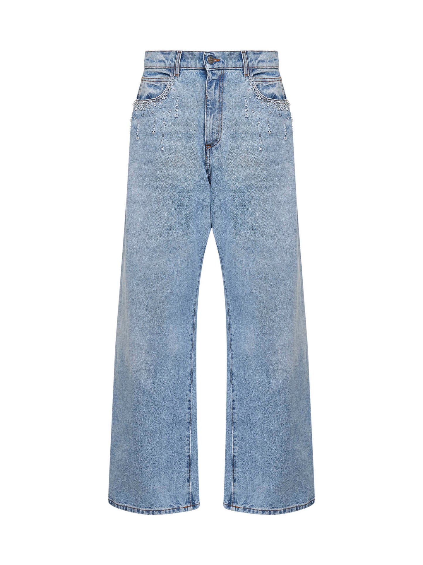 Jeans baggy in denim azzurro con cristalli