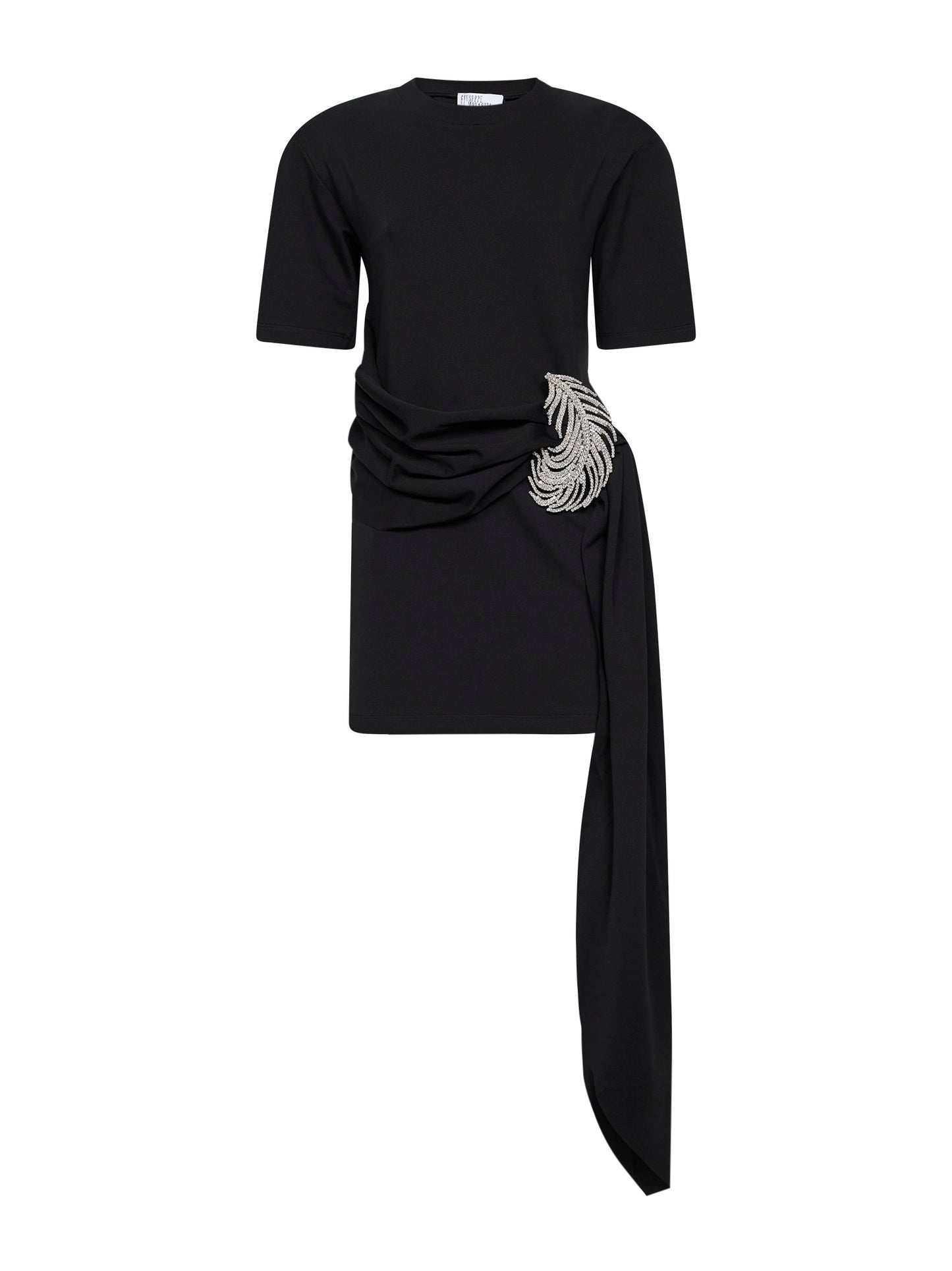 Black stretch jersey minidress with crystal feather