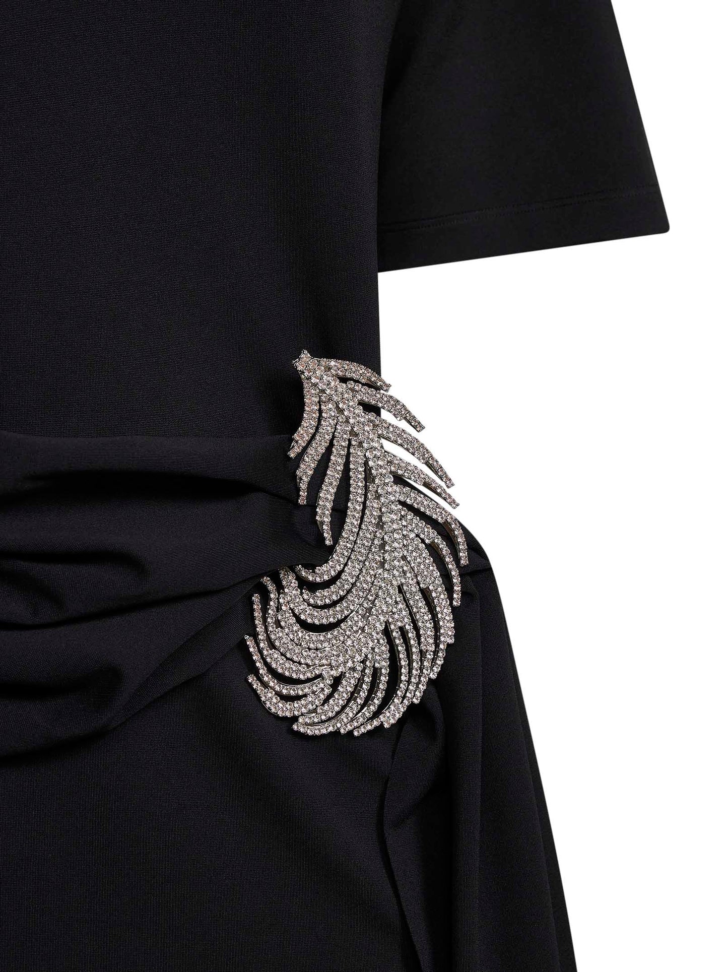 Black stretch jersey minidress with crystal feather
