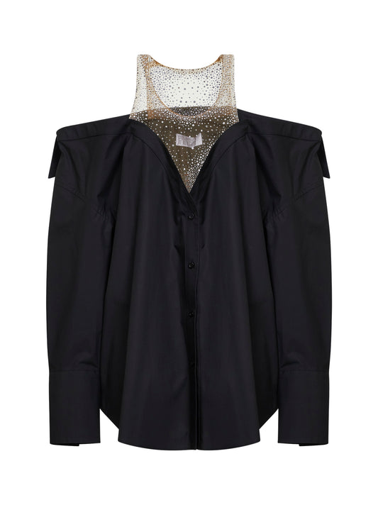 Miniabito in popeline nero con inserto con cristalli