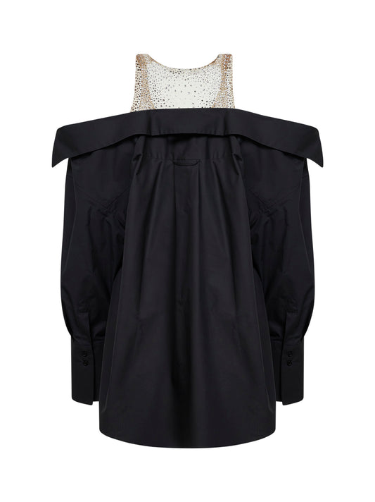 Miniabito in popeline nero con inserto con cristalli