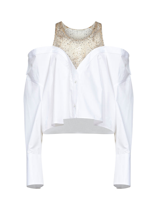 White poplin shirt with crystal-embellished insert