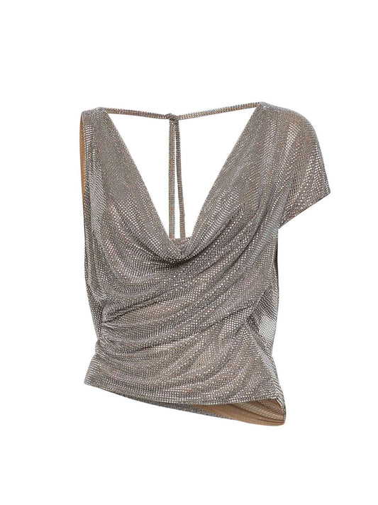 Silver crystal asymmetric draped top