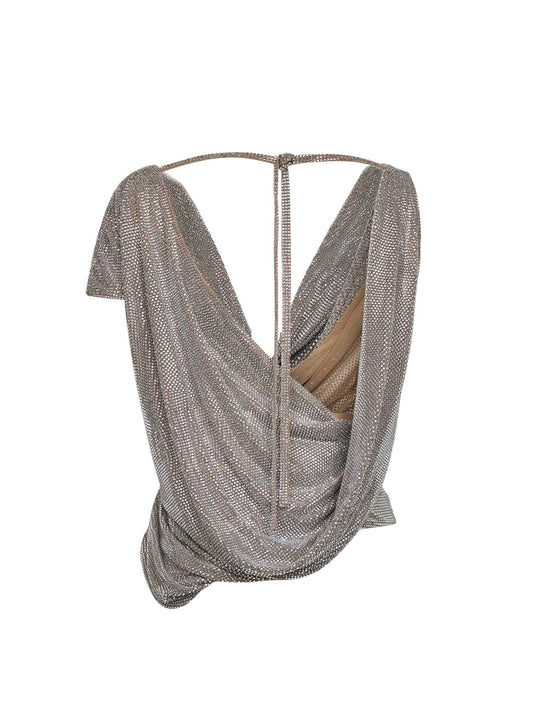 Silver crystal asymmetric draped top