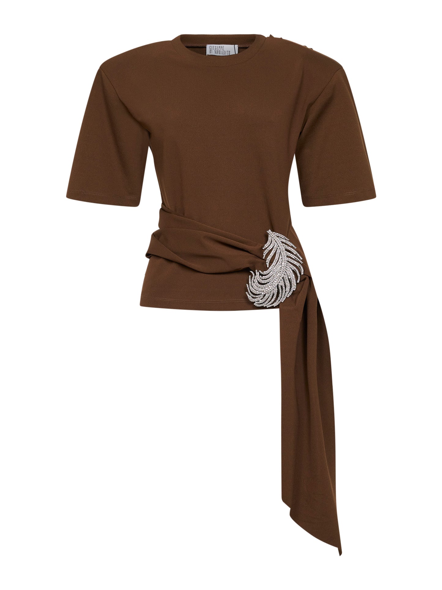 T-shirt in jersey stretch marrone con piuma in cristalli