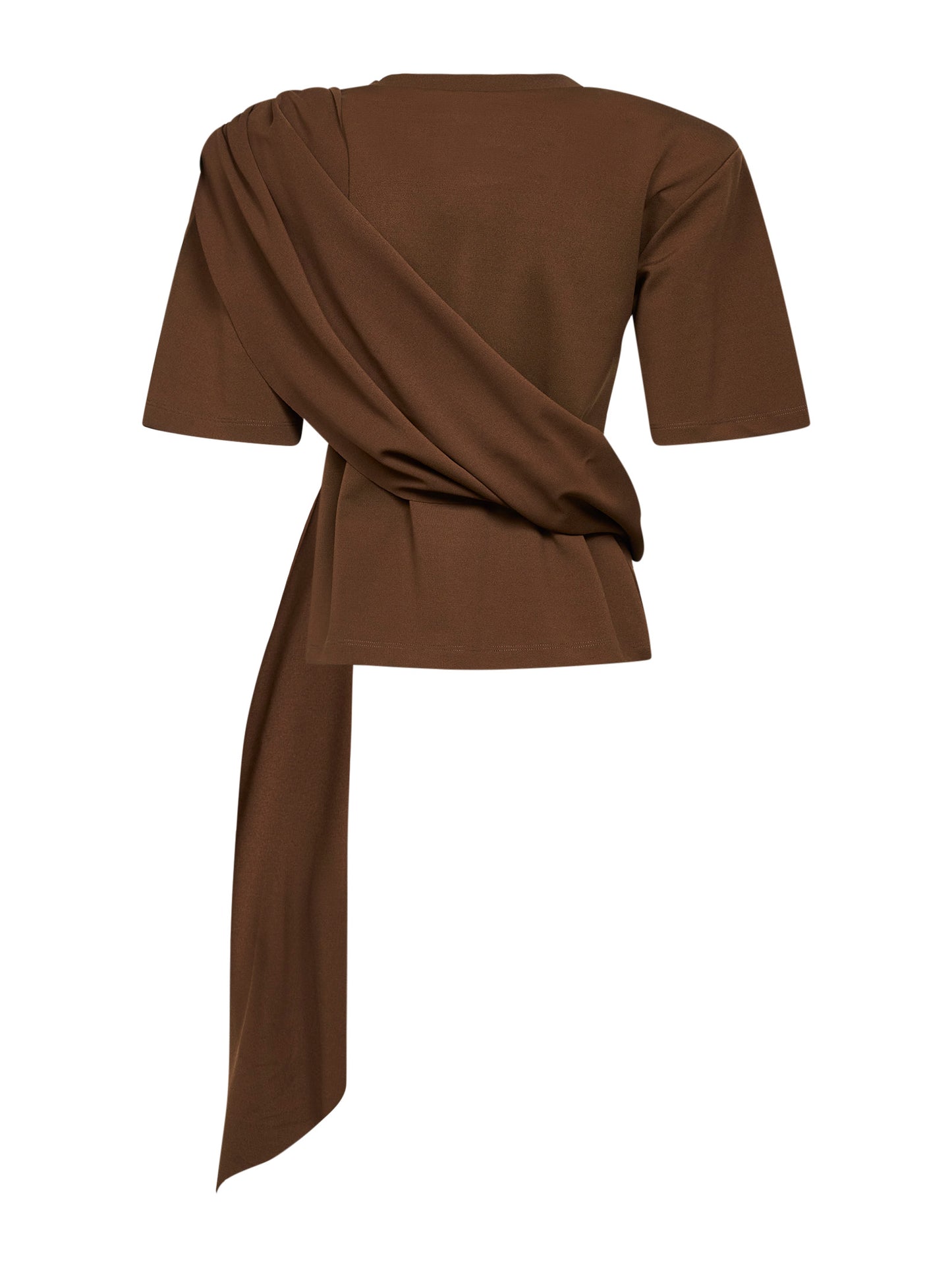 T-shirt in jersey stretch marrone con piuma in cristalli