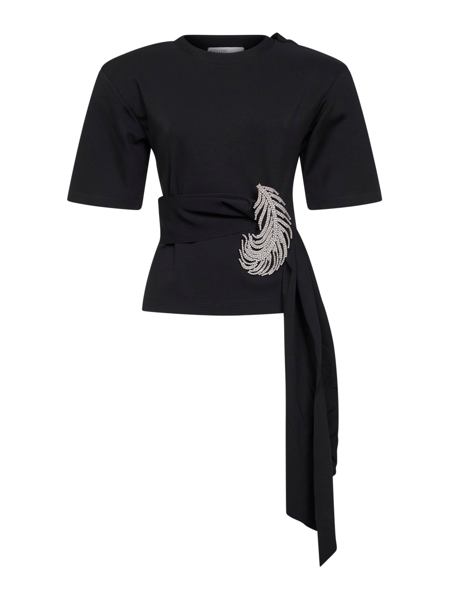 Black stretch jersey T-shirt with crystal feather