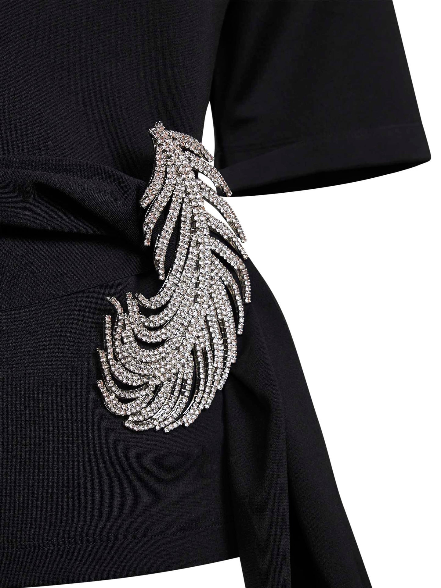Black stretch jersey T-shirt with crystal feather