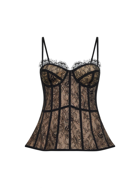 Top bustier peplo in pizzo lavorato nero