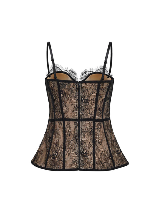 Top bustier peplo in pizzo lavorato nero