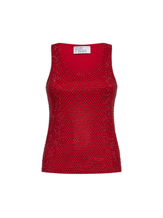 Canotta in maglia di cotone stretch rossa con cristalli