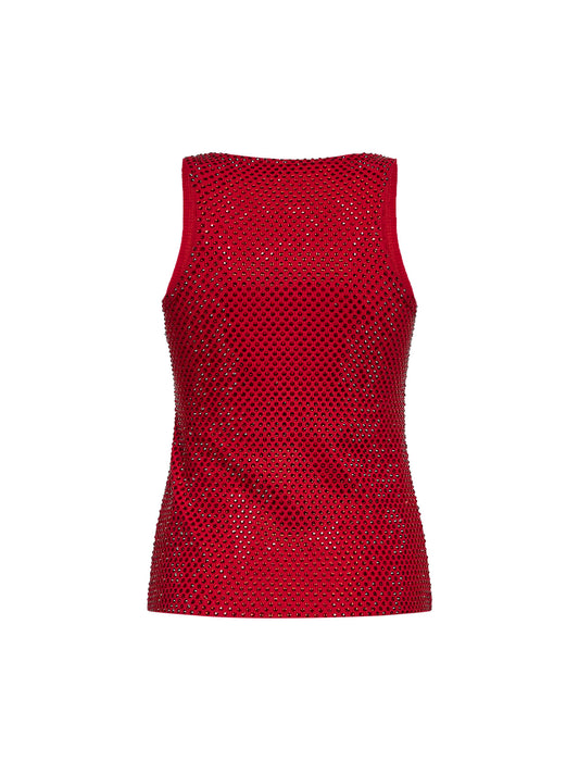 Canotta in maglia di cotone stretch rossa con cristalli