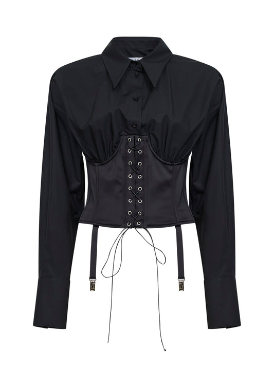 Black cotton poplin bustier shirt