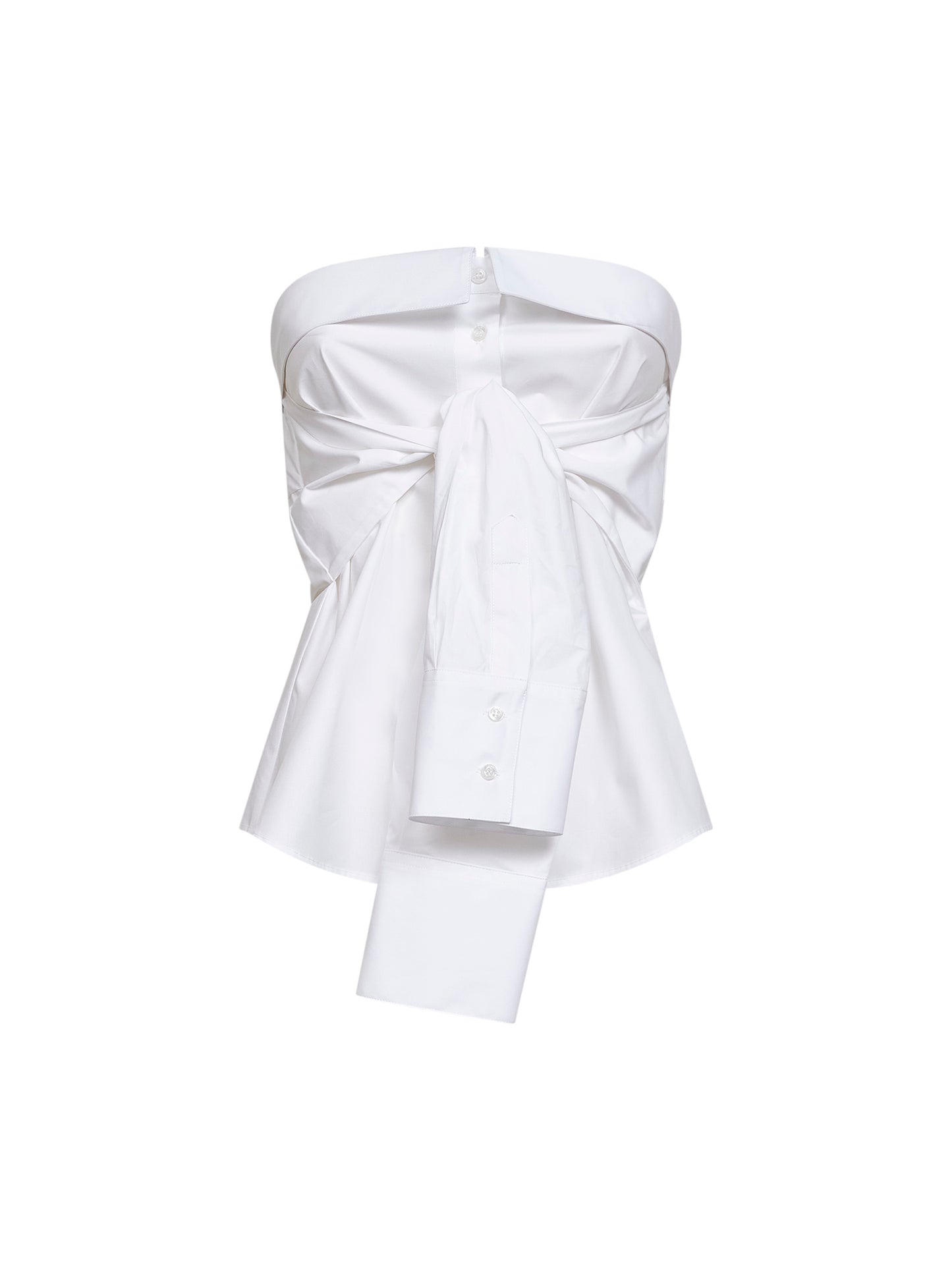 Top bustier in popeline bianco con maniche annodate