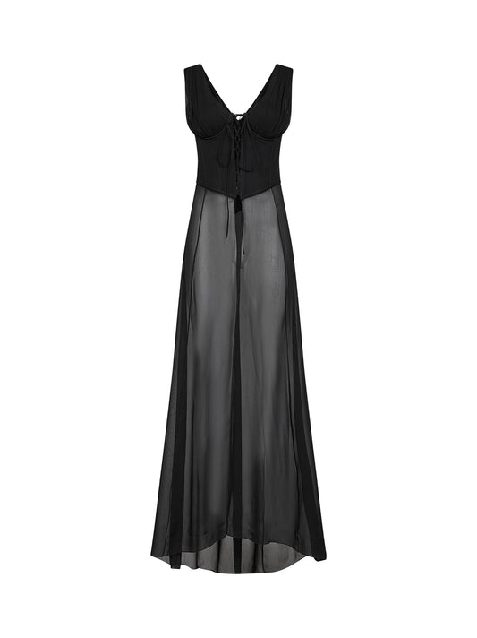 Top bustier in seta nera con gonna trasparente