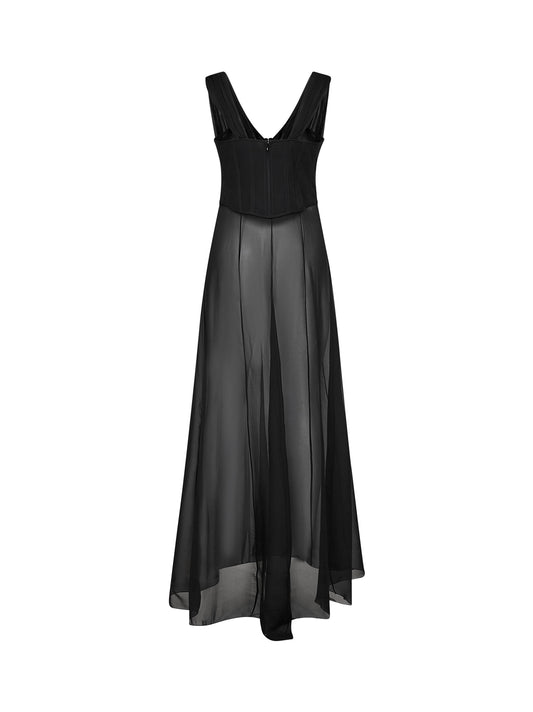 Top bustier in seta nera con gonna trasparente