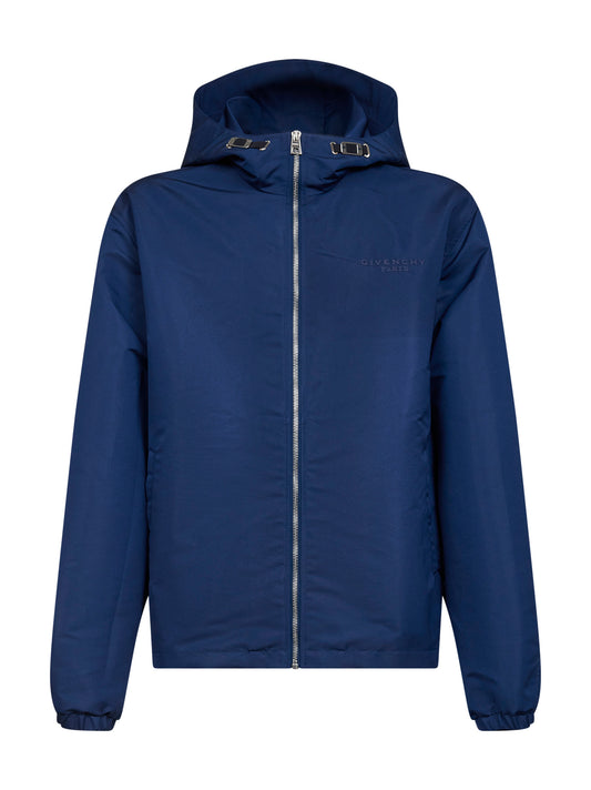 Navy blue polyfaille hooded windbreaker