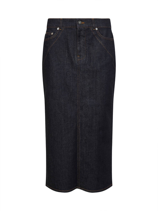 Dark blue stretch raw denim midi skirt