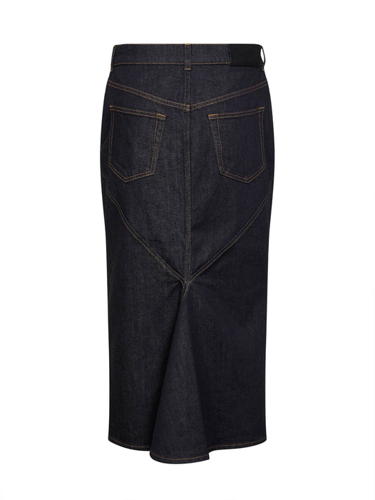 Dark blue stretch raw denim midi skirt