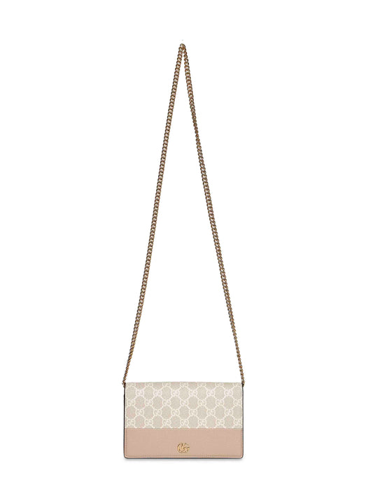 Beige and white GG Marmont wallet on chain
