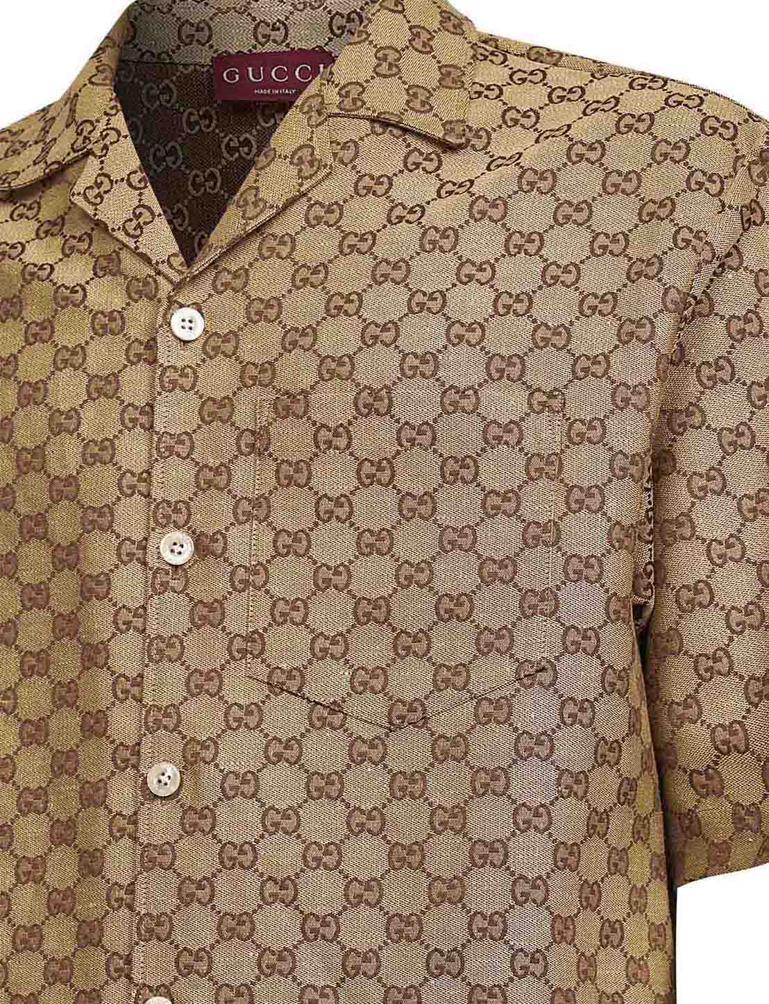 Camicia in misto lino cammello con motivo GG