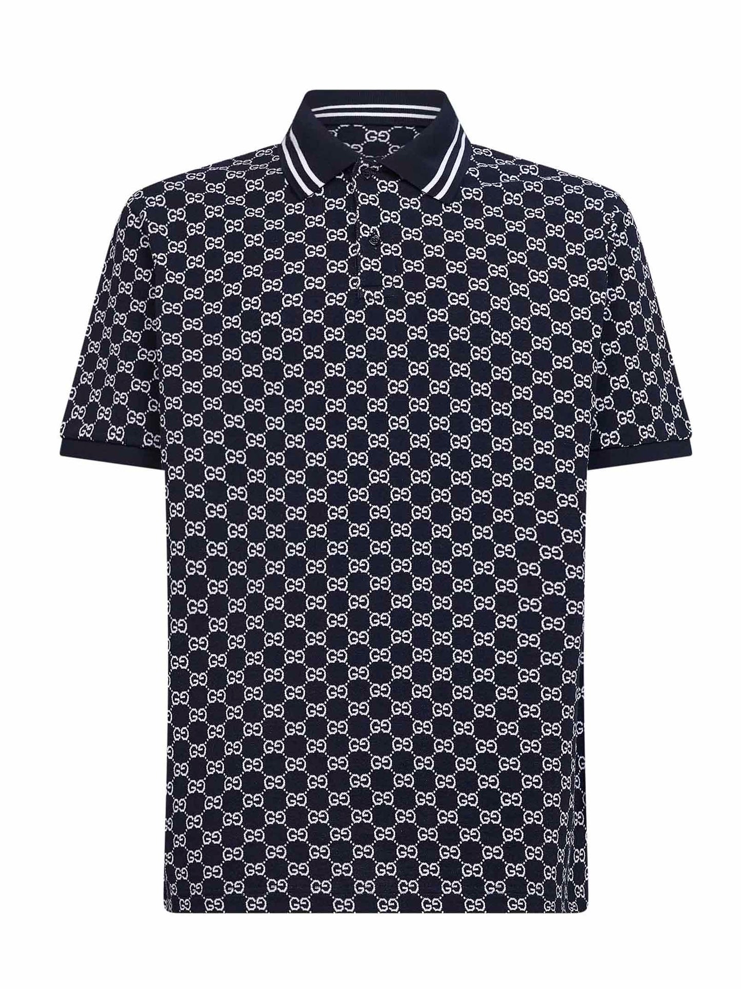 Polo in piquet di cotone GG jacquard blu navy e bianco
