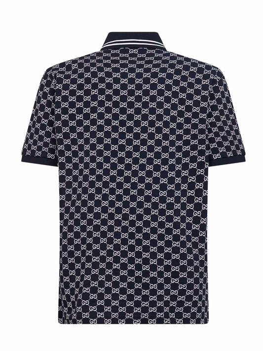 Navy blue and white GG jacquard cotton pique polo shirt