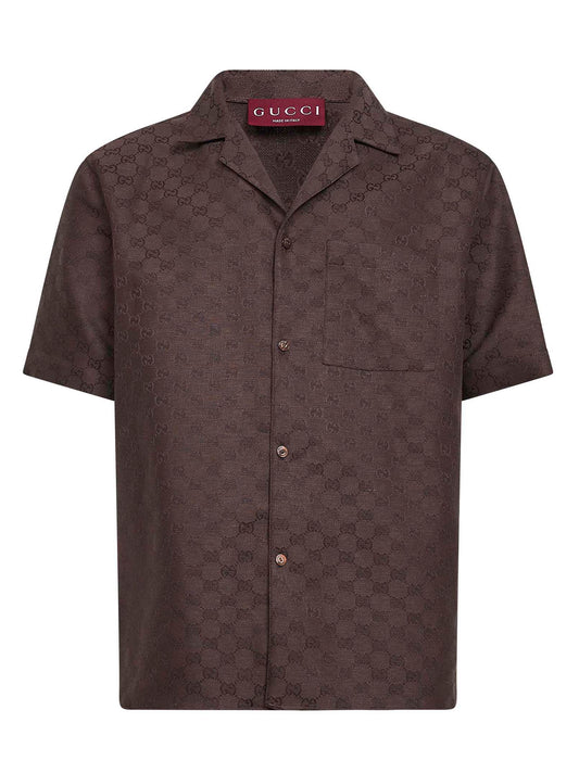 Brown GG linen blend bowling shirt