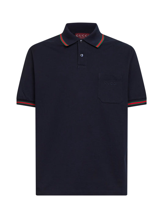 Polo ricamata in piquet di cotone stretch blu scuro