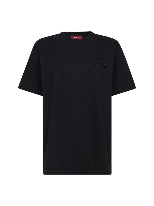 Black cotton jersey embroidered T-shirt