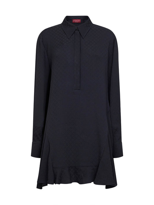 Dark blue jacquard silk blend mini shirt dress