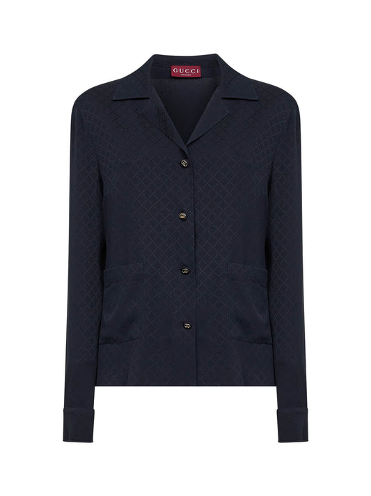 Camicia in viscosa e seta jacquard blu scuro