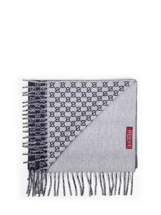 Dark blue and light grey GG wool and cashmere scarf