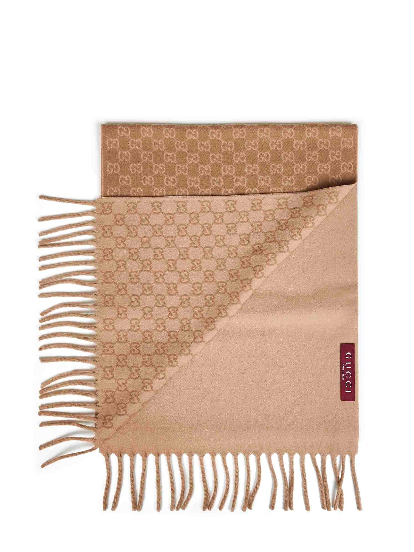 Sciarpa in lana e cashmere GG cammello e beige