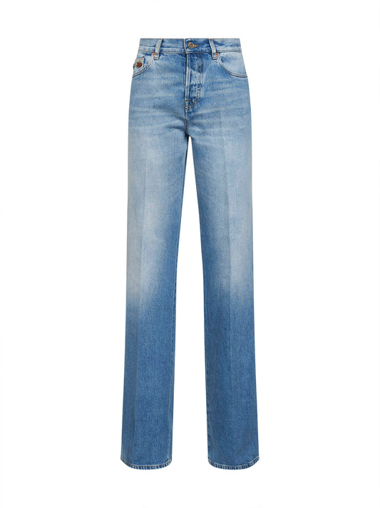 Jeans flare in denim di cotone effetto schiarito celeste