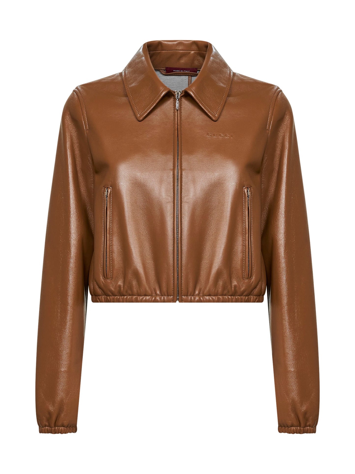 Honey biscuit nappa leather cropped logo jacket