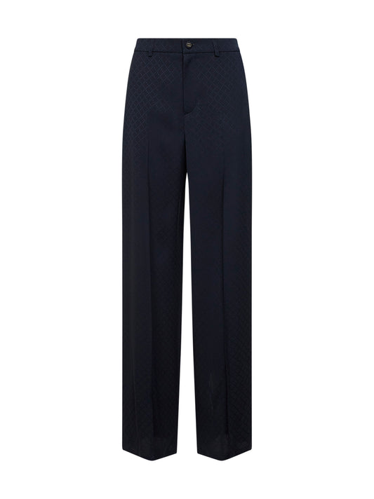 Dark blue viscose and silk jacquard trousers