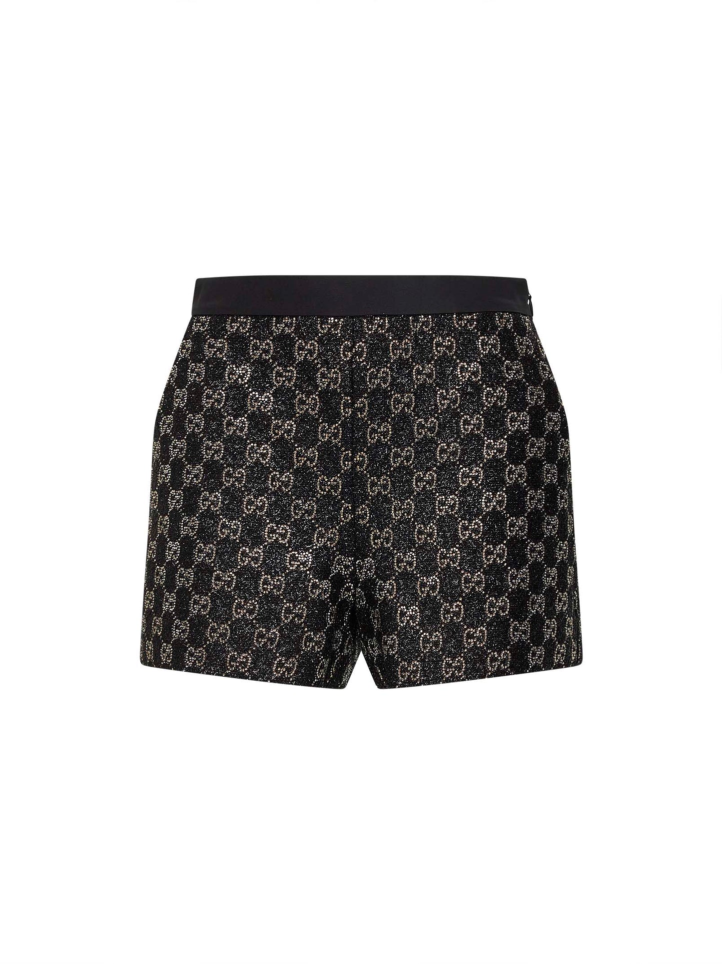 Shorts in tweed lamé nero con cristalli GG