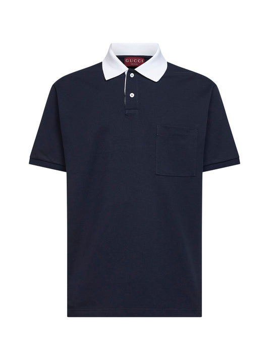 Blue stretch cotton pique polo shirt