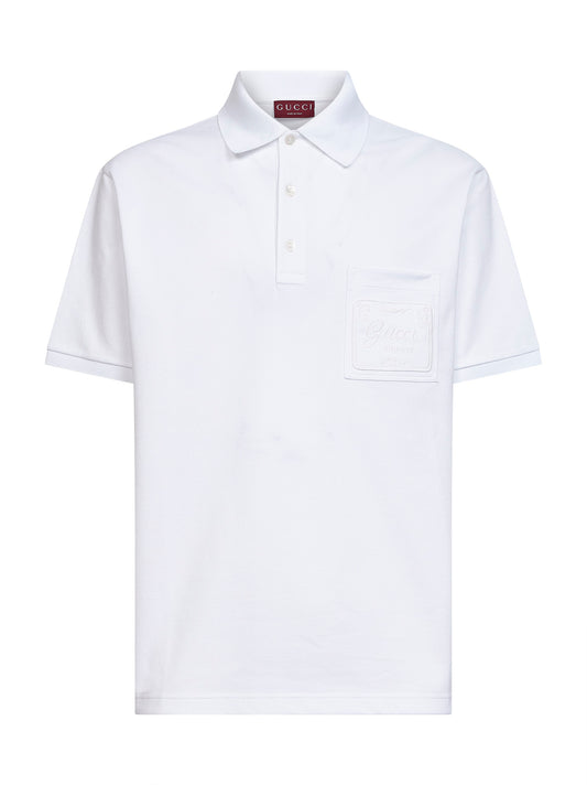 White cotton pique embroidered polo shirt