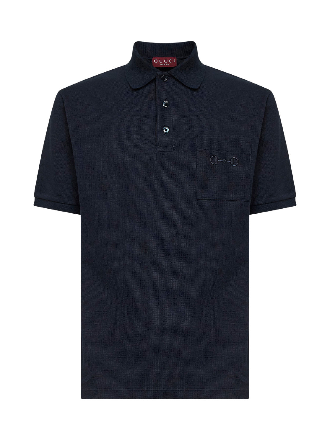 Dark blue stretch cotton pique embroidered polo shirt