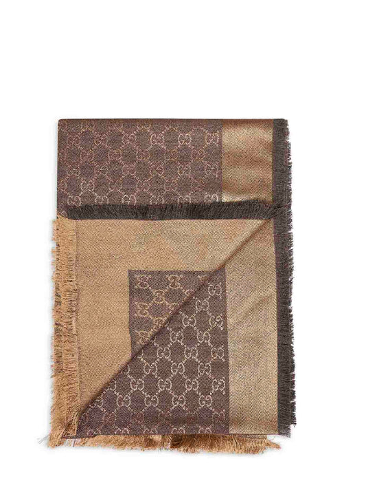 Brown and beige GG silk and wool shawl