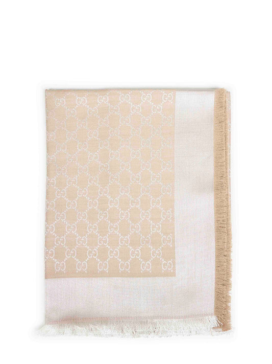 Beige and white GG silk and wool shawl<BR/>