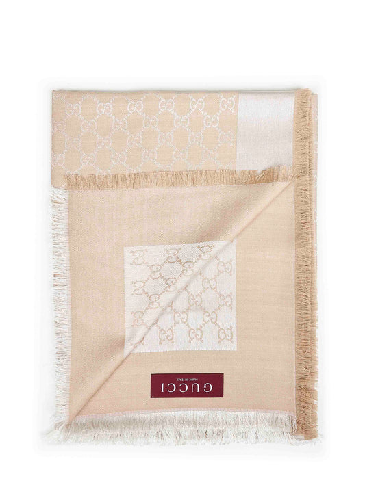 Beige and white GG silk and wool shawl<BR/>