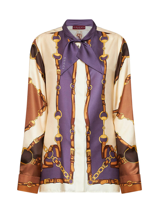 Brown printed silk twill shirt