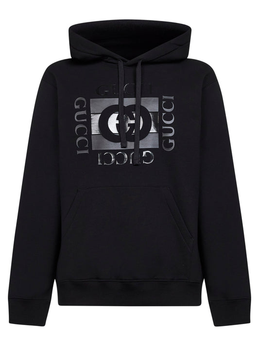 Black cotton jersey printed hoodie