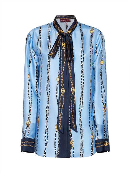 Camicia in twill di seta stampato celeste