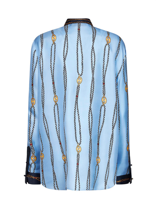 Camicia in twill di seta stampato celeste