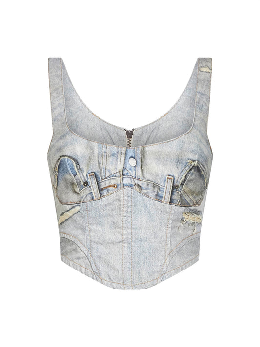 Top a corsetto Elsie in denim beige stampa trompe l'oeil