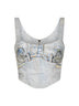 Top a corsetto Elsie in denim beige stampa trompe l'oeil
